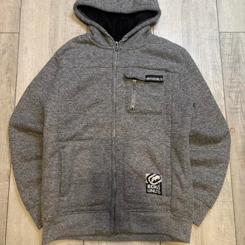 Grey Ecko Unltd. hoodie with black fur‎ filling broken button on packet